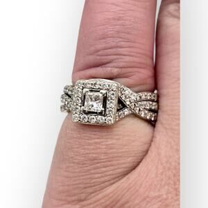 14k White Gold Diamond Bridal Set Princess Halo Engagement Ring & Twisted Band